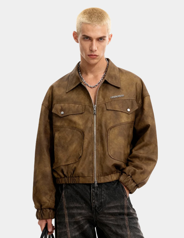 BAKYARDER Vintage Lapel PU Leather Jacket