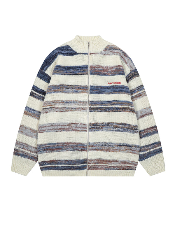 BAKYARDER Striped Zip Up Cardigan Turtleneck Sweaters Unisex Open Front Zipper Oversized Sweater