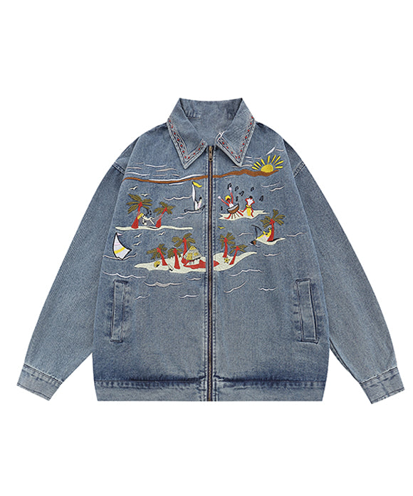 BAKYARDER Vintage Embroidered Beach Graphic Denim Jacket