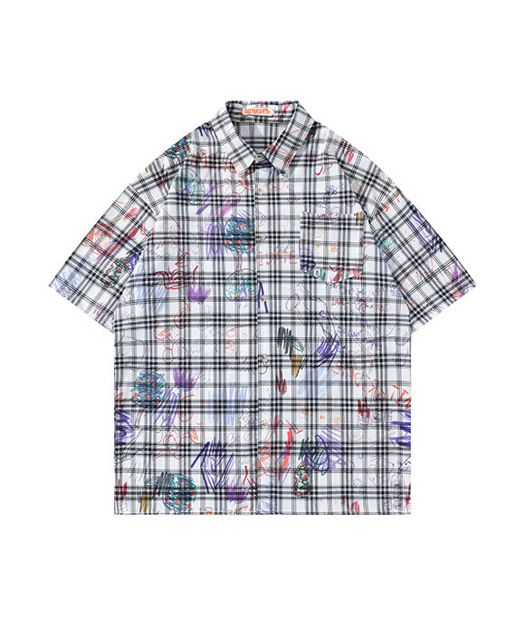 BAKYARDER Loose Fun Doodle Print Plaid Shirt