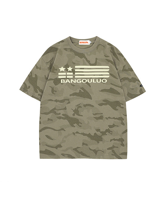 BAKYARDER Street-Style Camouflage Letter Round Neck Short-Sleeve