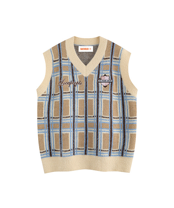 BAKYARDER Preppy Style Color-Block Plaid Sweater Vest