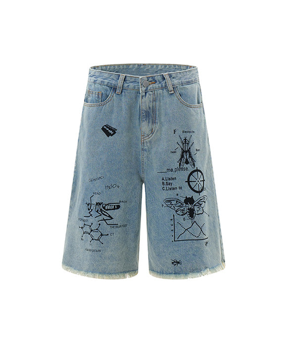 BAKYARDER Vintage Graffiti Print Denim Bermuda Shorts