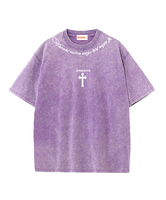 BAKYARDER Street Cross Print Distressed Round Neck Tee