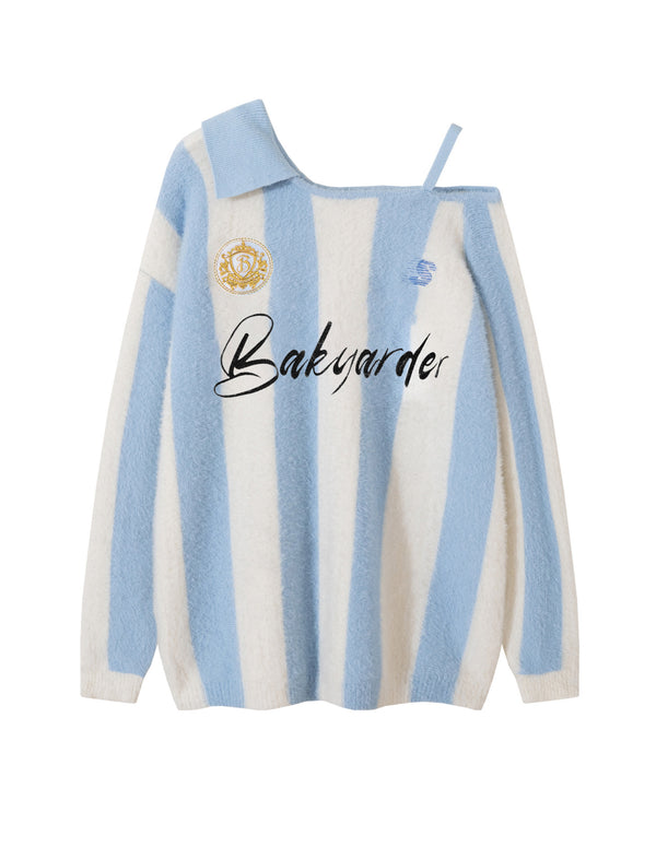 BAKYARDER Women’s Off-Shoulder Stripe Knit Sweater Vintage Polo Jersey Style Loose Fit Fuzzy Pullover