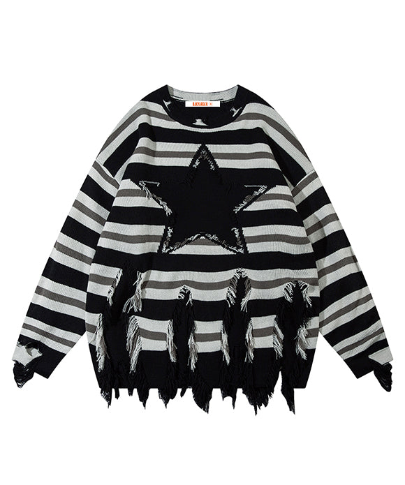 BAKYARDER Vintage Color Block Patchwork Stripe Star Sweater