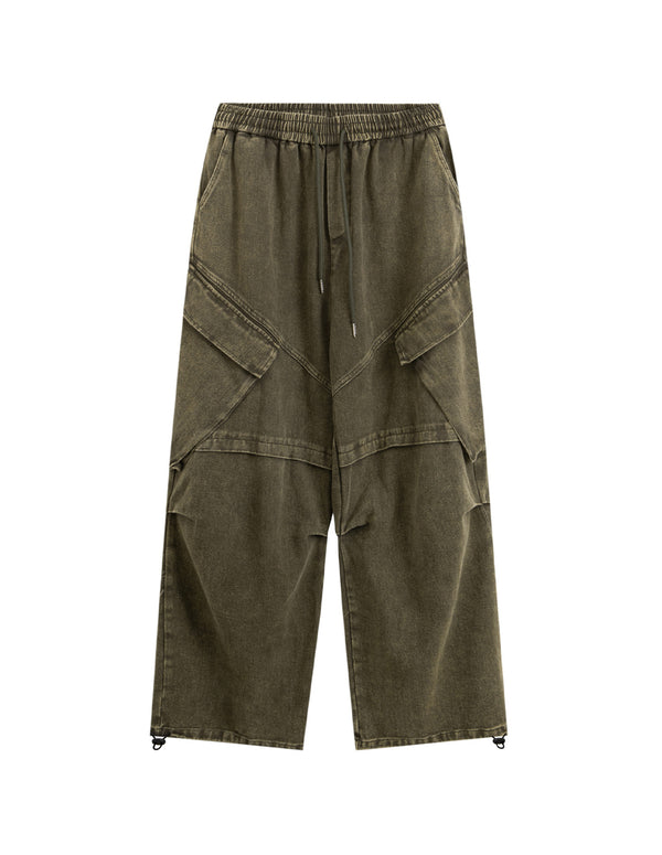 BAKYARDER Washed Cargo Pants Distressed Jeans Wide Leg Elastic Waist Unisex Pants with Big Pockets