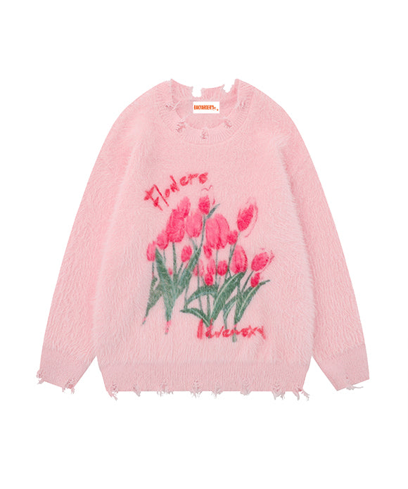 BAKYARDER Floral Embroidery Distressed Sweater