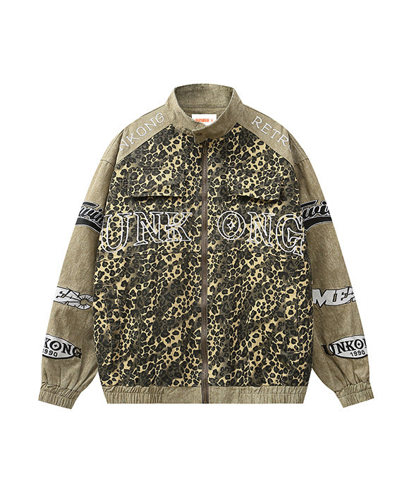 BAKYARDER Vintage Color-Block Leopard Print Letter Embroidered Jacket