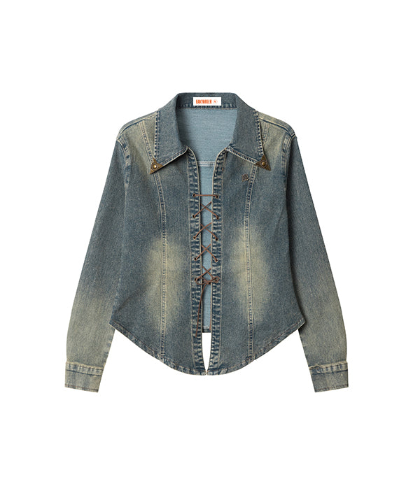 BAKYARDER Women's Vintage Denim Lace-Up Jacket