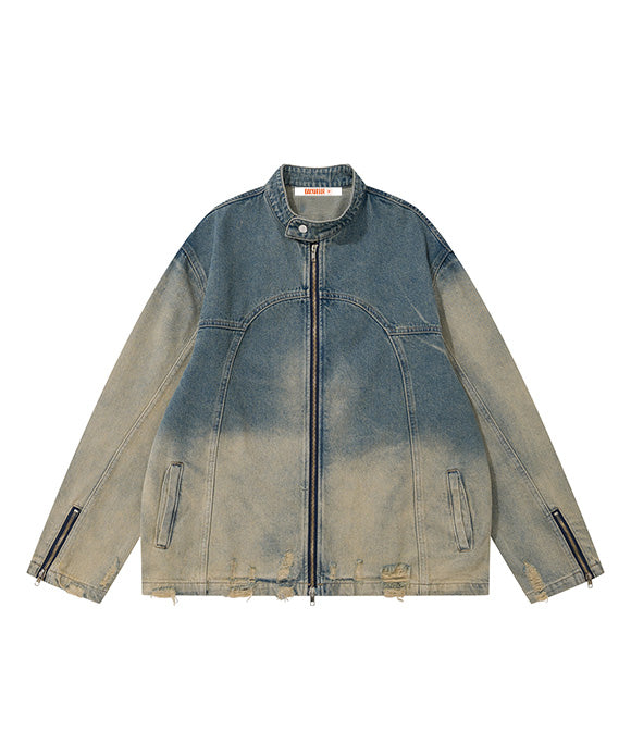 BAKYARDER Color Block Gradient Distressed Denim Jacket