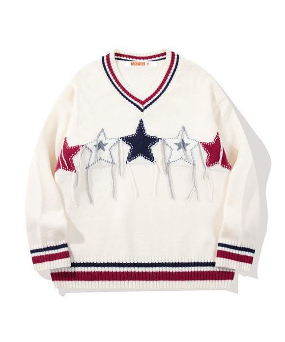 BAKYARDER Vintage Star Fringe College Style Sweater