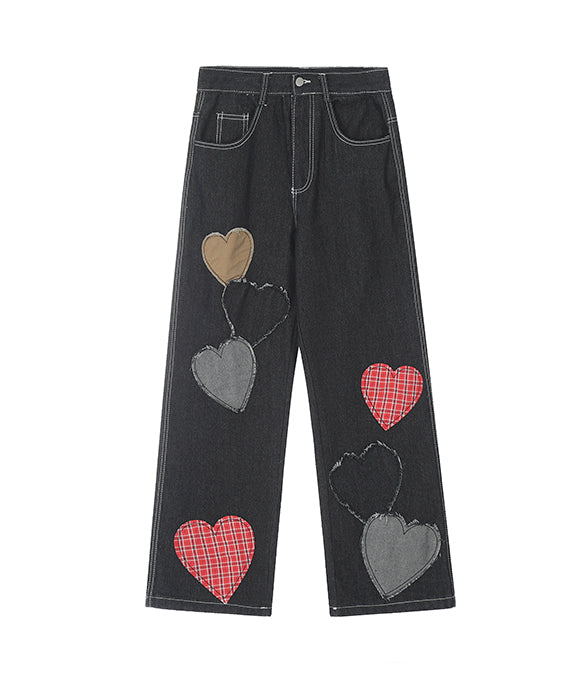 BAKYARDER  Vintage Color-Block Heart Print Denim Pants