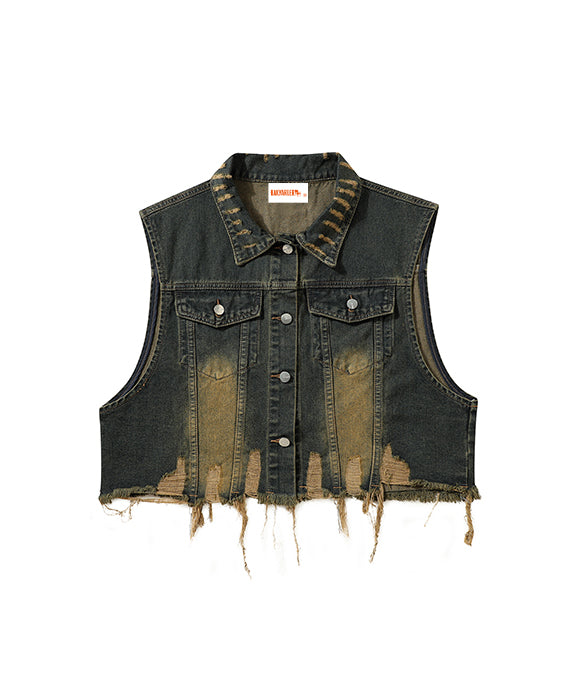 BAKYARDER Retro Collar Short Denim Vest