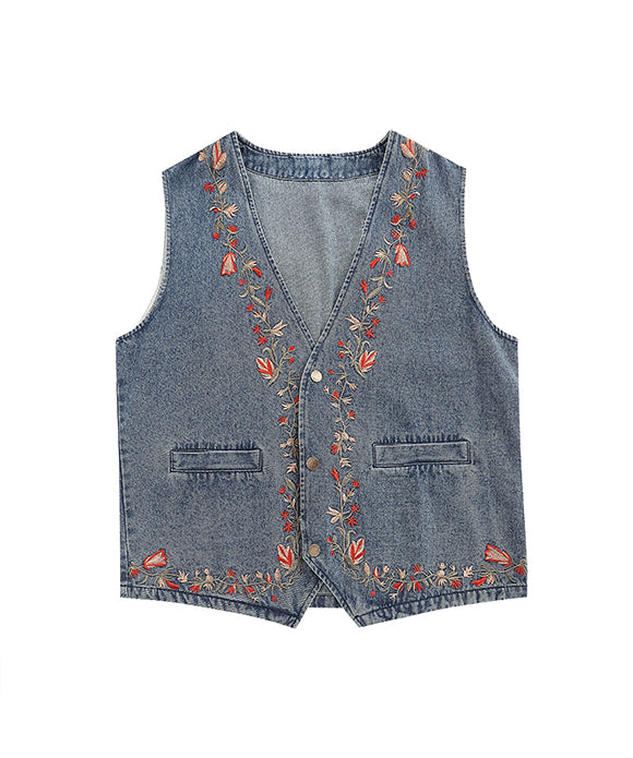 BAKYARDER Vintage Floral Embroidered Denim Vest