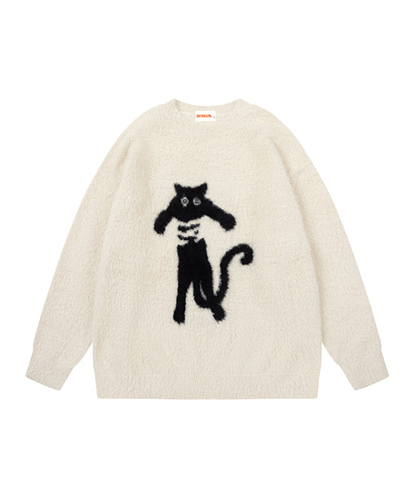 BAKYARDER Cute Cat Loose Thick Crew Neck Pullover Sweater