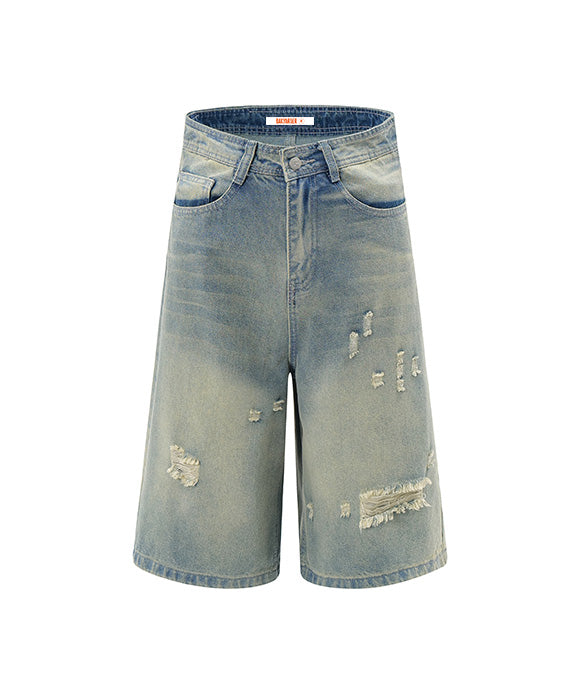 BAKYARDER Vintage Distressed Ripped Denim Cropped Pants