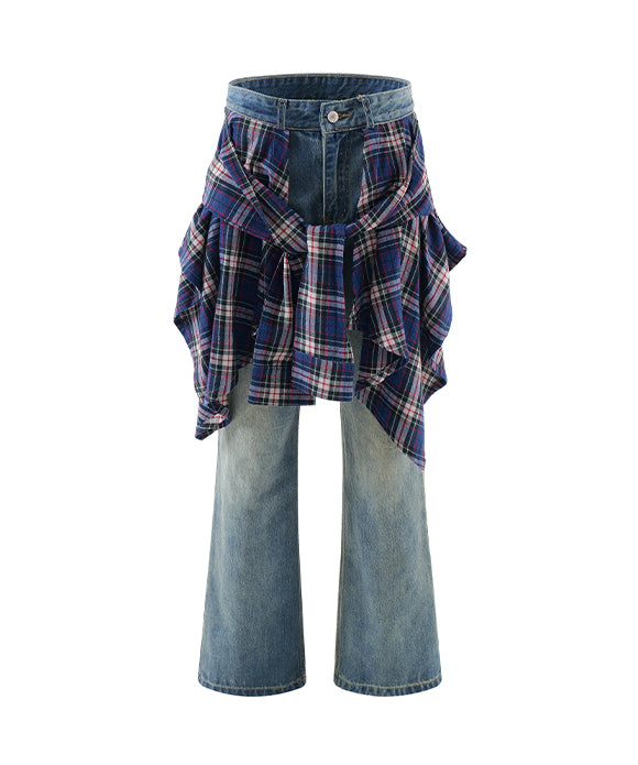 BAKYARDER Vintage Color-Block Plaid Patchwork Jeans