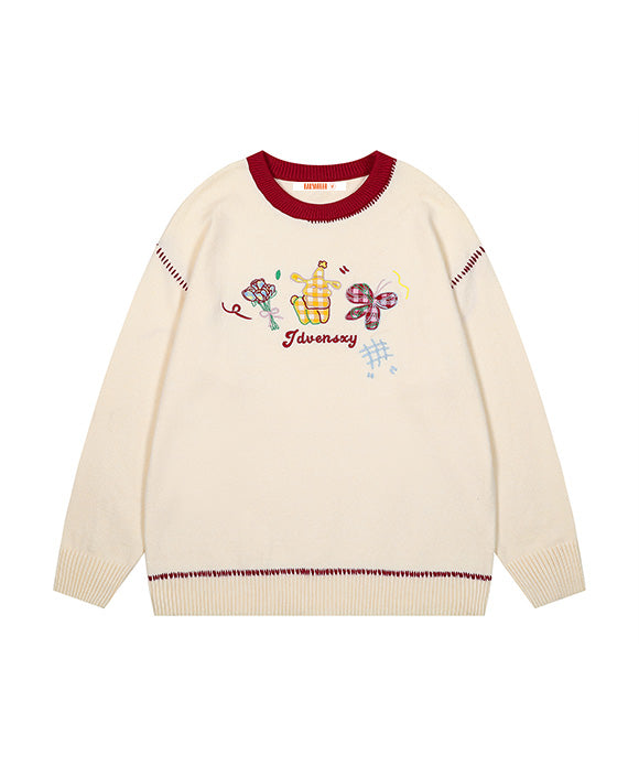 BAKYARDER Vintage College Style Cartoon Embroidered Sweater.