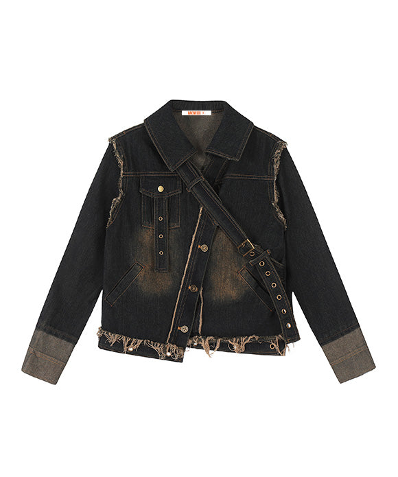 BAKYARDER Vintage Deconstructed Patchwork Leather Denim Jacket