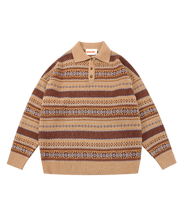 BAKYARDER Vintage Bohemian Jacquard Striped Polo Neck Sweater