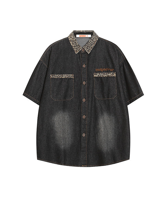 BAKYARDER Leopard Print Panel Denim Shirt