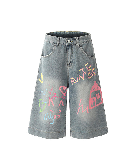 BAKYARDER Vintage Colorful Graffiti Denim Shorts