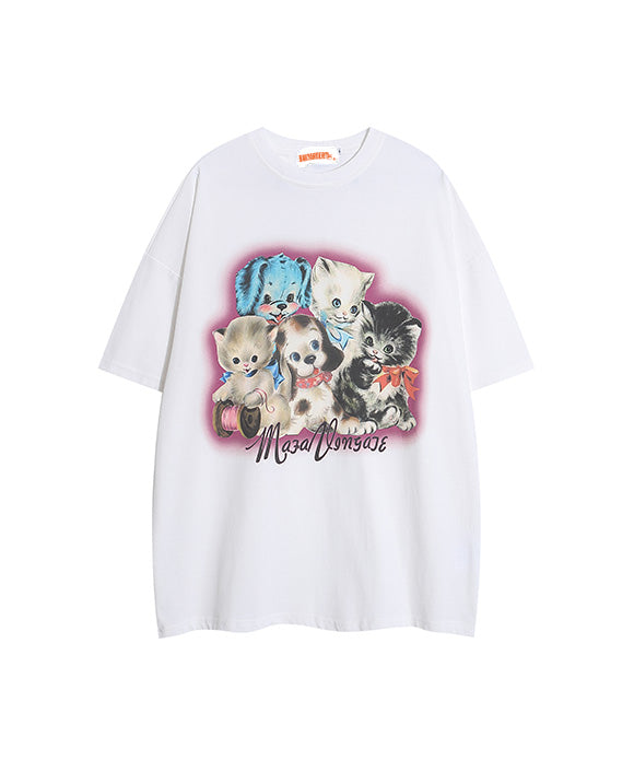 BAKYARDER Vintage Cartoon Cat Print Short Sleeve Tee