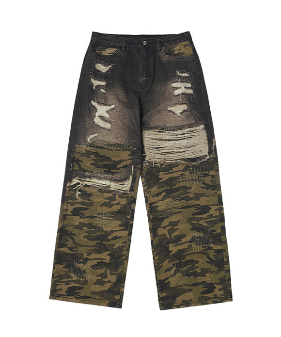 BAKYARDER Vintage Distressed Denim and Camouflage Pants