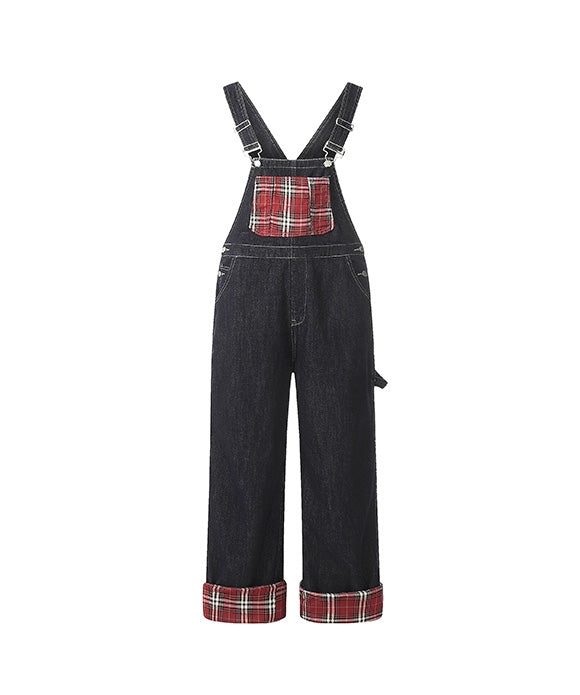 BAKYARDER Vintage Plaid Patchwork Denim Overalls