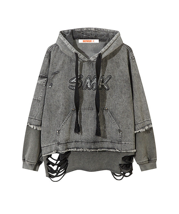 BAKYARDER Vintage Ripped Denim Hoodie