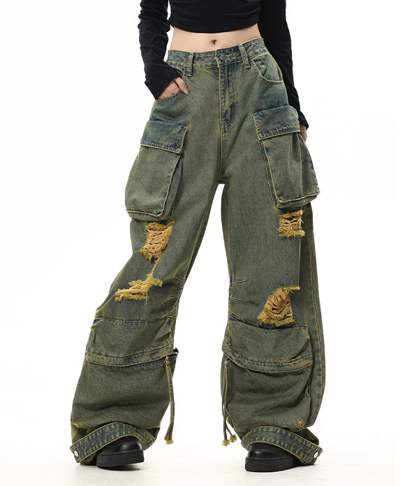 BAKYARDER Vintage Distressed Multi-Pocket Jeans