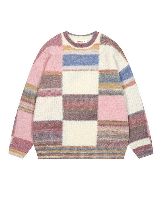 BAKYARDER Vintage Checkered Patchwork Color Block Sweater