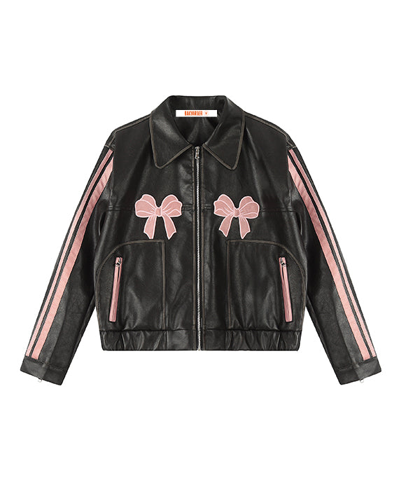 BAKYARDER Retro Bowknot Embroidered Leather Jacket