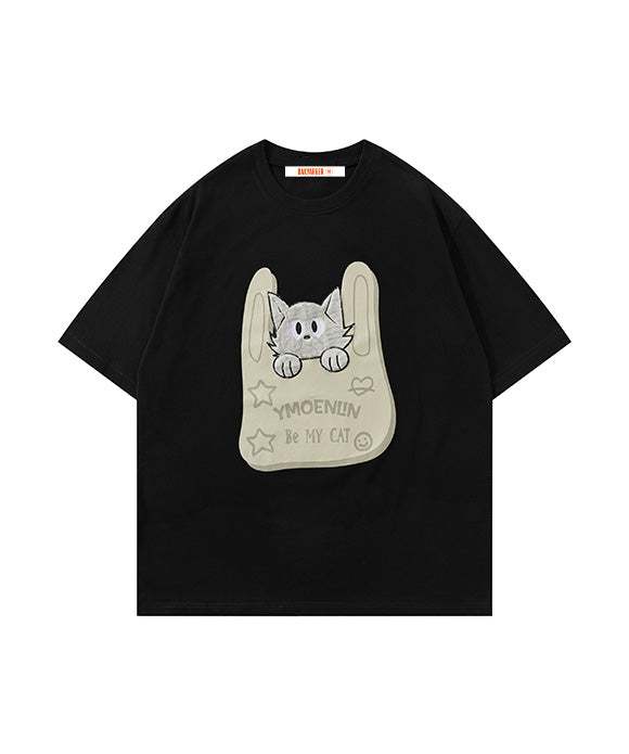 BAKYARDER Cute Cat Embroidered Tee