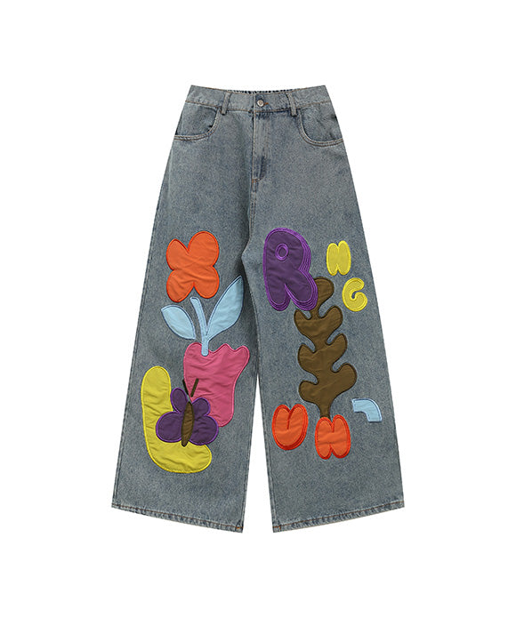 BAKYARDER Colorful Letter Patches Embroidered Jeans