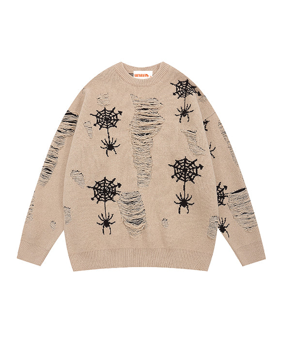 BAKYARDER Tassel Distressed Spider Graphic Sweater