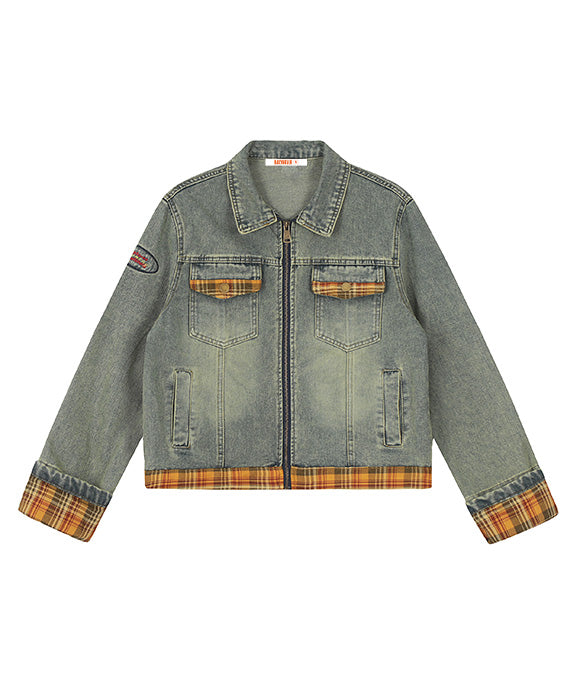 BAKYARDER  Vintage Washed Plaid Patchwork Denim Jacket