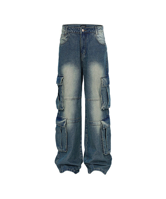 BAKYARDER Vintage Distressed Multi-Pocket Cargo Jeans