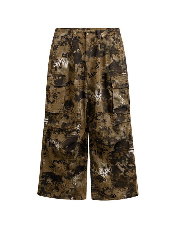 BAKYARDER Vintage Camo Snake Print Cargo Jeans Loose Fit Hip Hop Wide Leg Denim Streetwear Pants