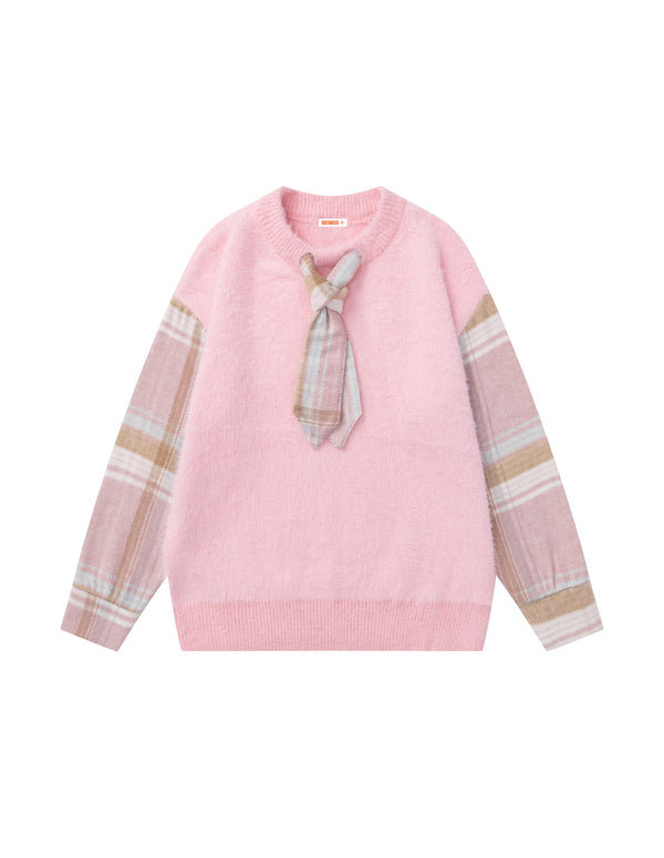 BAKYARDER Striped Plaid Tie-Patchwork Pullover Sweater