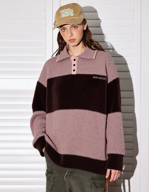 BAKYARDER Patchwork Polo Collar Casual Sweater