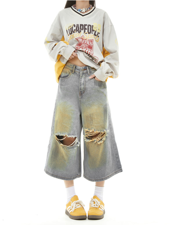 BAKYARDER Vintage Gradient Distressed Denim Capris