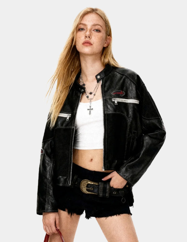 BAKYARDER Vintage Biker Color Block Leather Jacket