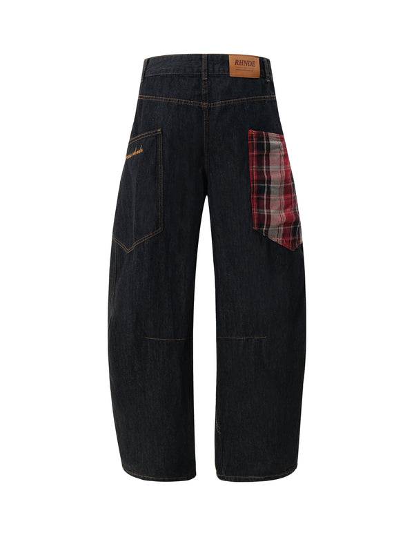 BAKYARDER Vintage Embroidered Plaid Patchwork Barrel Jeans