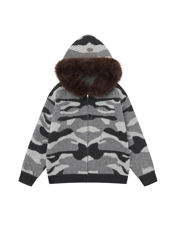 BAKYARDER Vintage Camouflage Hooded Cardigan Sweater