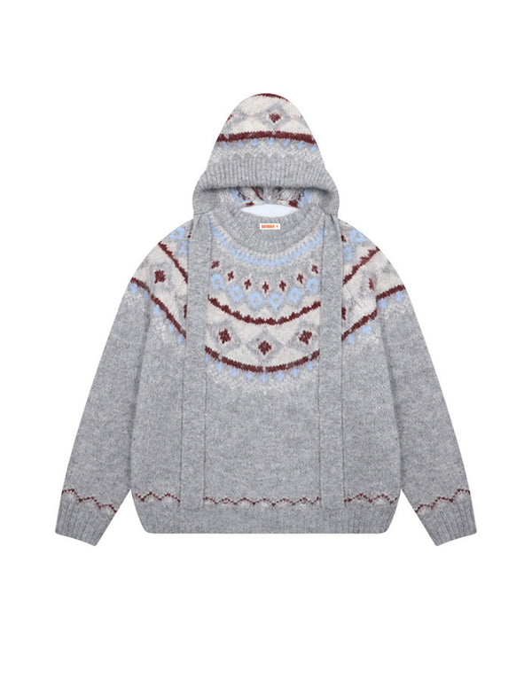 BAKYARDER Vintage Jacquard Hooded Pullover Sweater