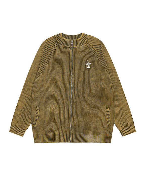 BAKYARDER Retro Street Four Pointed Star Brooch Zipper Sweater Jacket