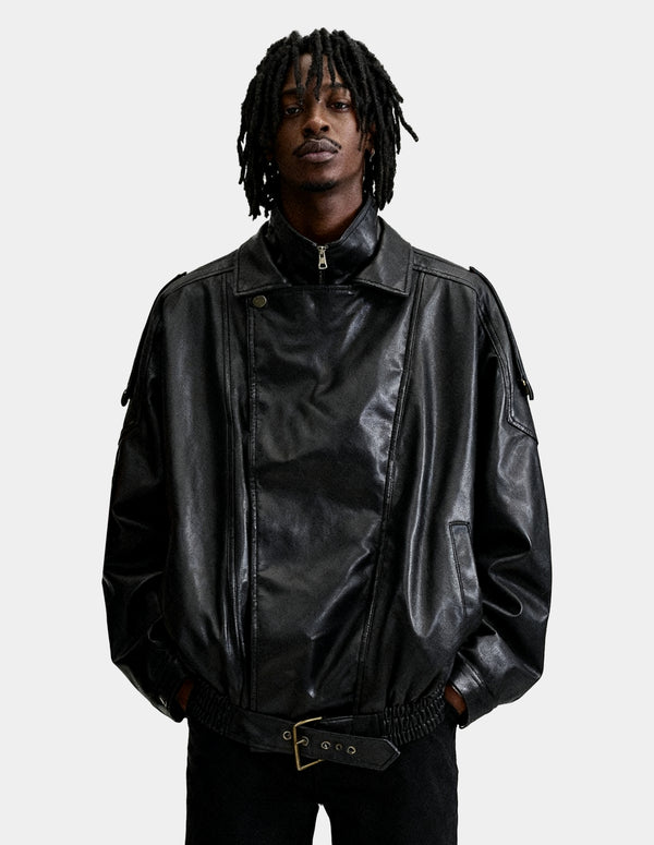 BAKYARDER Vintage Double-Layer Collar Leather Jacket