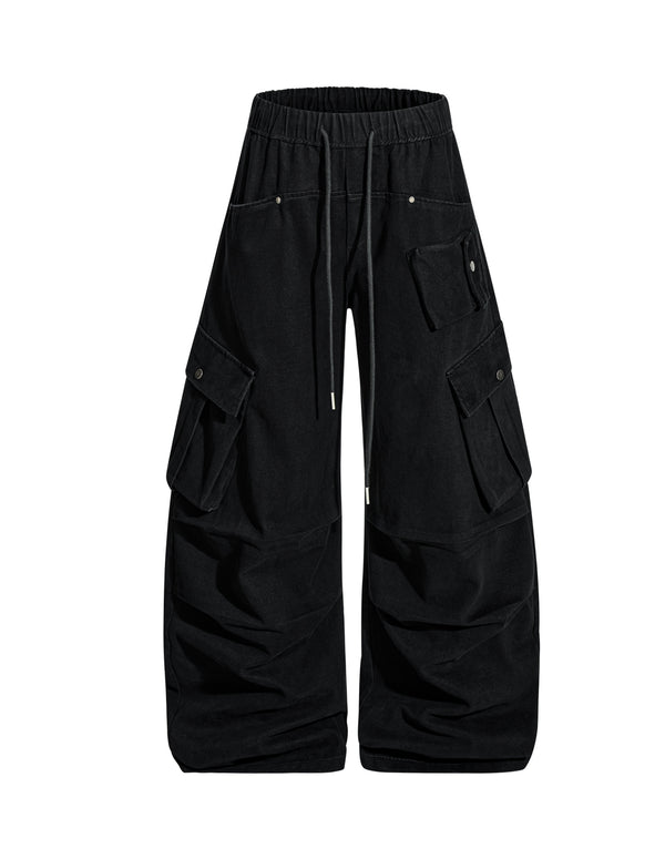 BAKYARDER Vintage Drawstring Pleated Multi-Pocket Barrel Cargo Pants